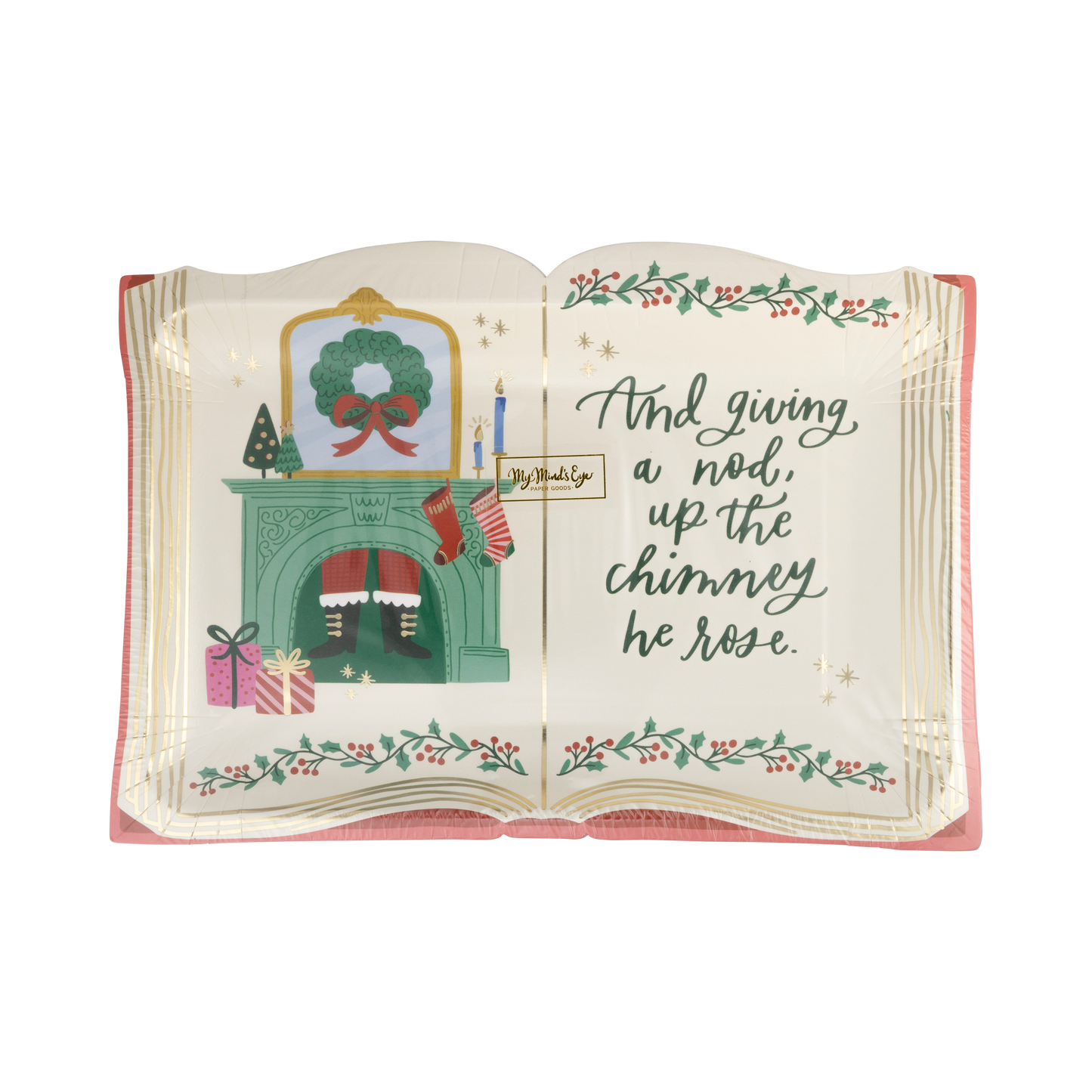 Storybook Shaped Plate for holidays, featuring playful design with gold foil accents. Includes 8 paper plates (10" x 7.5") perfect for festive feasts. From OccasionsbyShakira.com, this whimsical plate adds nostalgic charm to your holiday table, inspiring memory-making moments. Pack of 3 sets for wholesale.