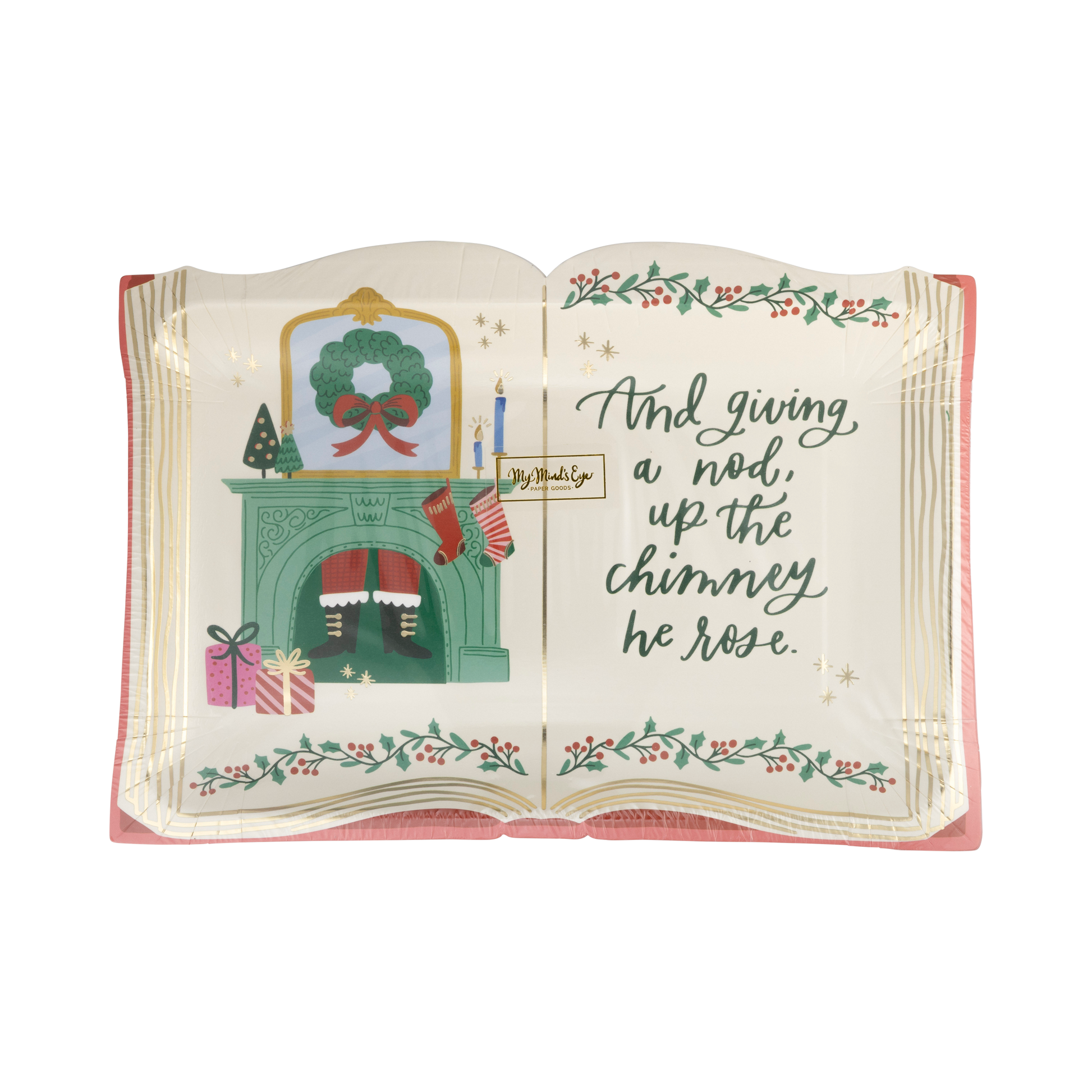 Storybook Shaped Plate for holidays, featuring playful design with gold foil accents. Includes 8 paper plates (10" x 7.5") perfect for festive feasts. From OccasionsbyShakira.com, this whimsical plate adds nostalgic charm to your holiday table, inspiring memory-making moments. Pack of 3 sets for wholesale.