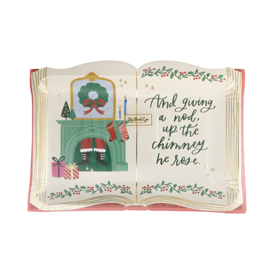 Storybook Shaped Plate for holidays, featuring playful design with gold foil accents. Includes 8 paper plates (10" x 7.5") perfect for festive feasts. From OccasionsbyShakira.com, this whimsical plate adds nostalgic charm to your holiday table, inspiring memory-making moments. Pack of 3 sets for wholesale.