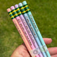 Set of 5 engraved pencils in pastel colors, featuring motivational phrases: "You are amazing," "Stay Sharp," "You can do it, bruh," "Yes you can! True story," and "You've got this." Ideal for back-to-school gifts.