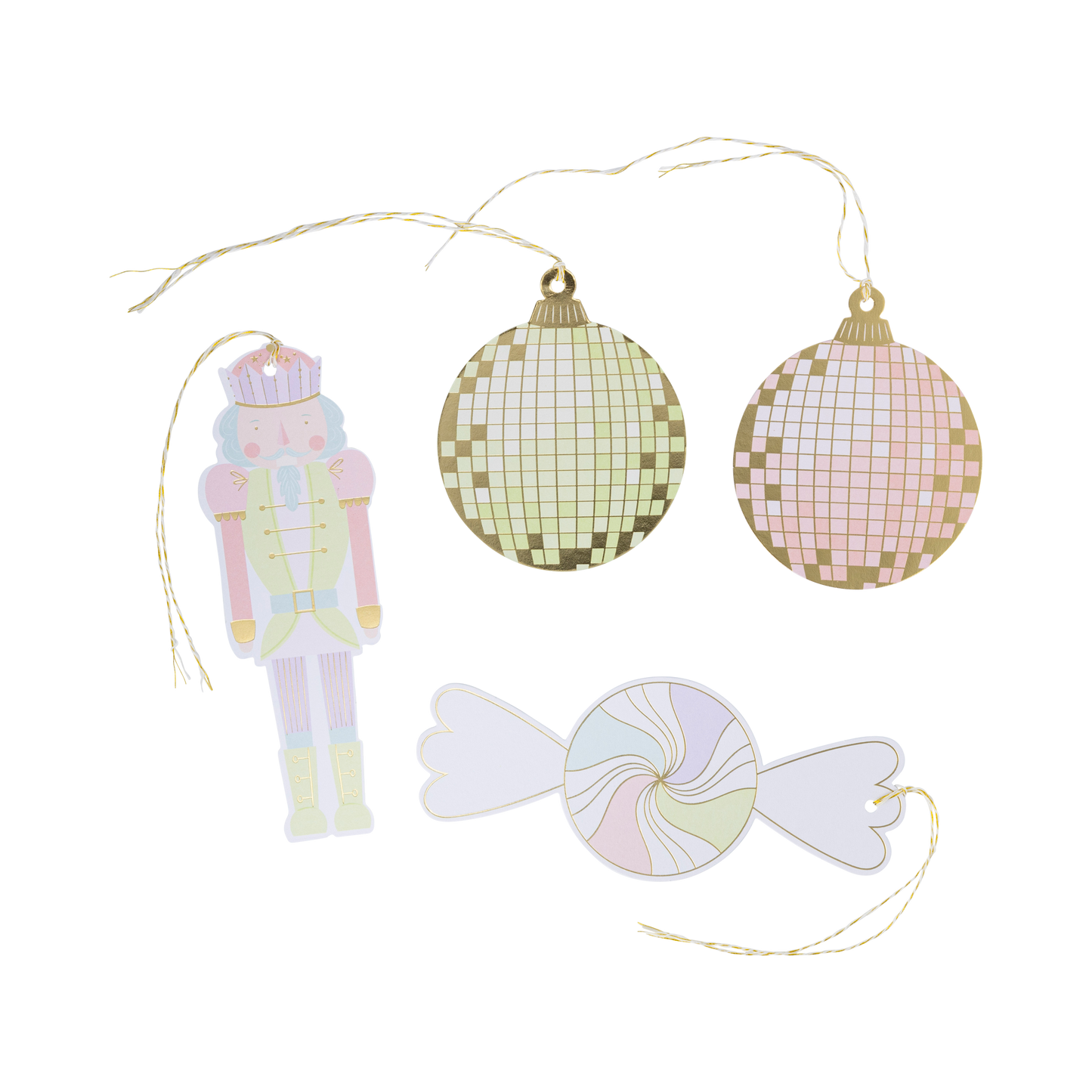 Nutcracker Disco Christmas gift tags featuring playful designs and disco ball accents. Set includes 16 tags (4 each of 4 designs) with bakers twine for festive gift wrapping.