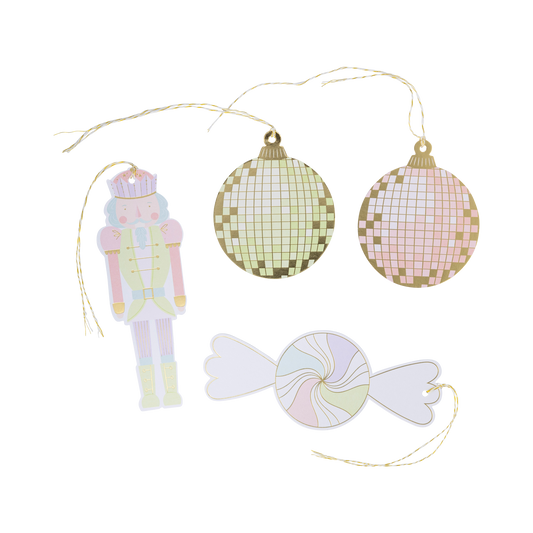 Nutcracker Disco Christmas gift tags featuring playful designs and disco ball accents. Set includes 16 tags (4 each of 4 designs) with bakers twine for festive gift wrapping.