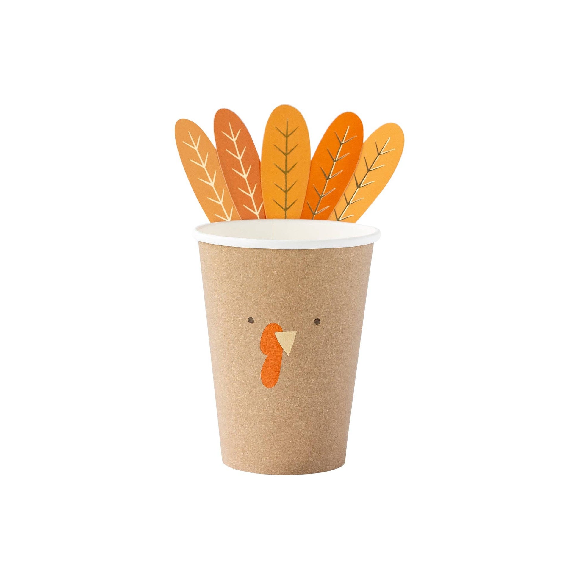Serve Thanksgiving cheer with Turkey Paper Cups! Adorned with adhesive feathers, these 12 oz kraft cups add festive fun to any harvest table.
