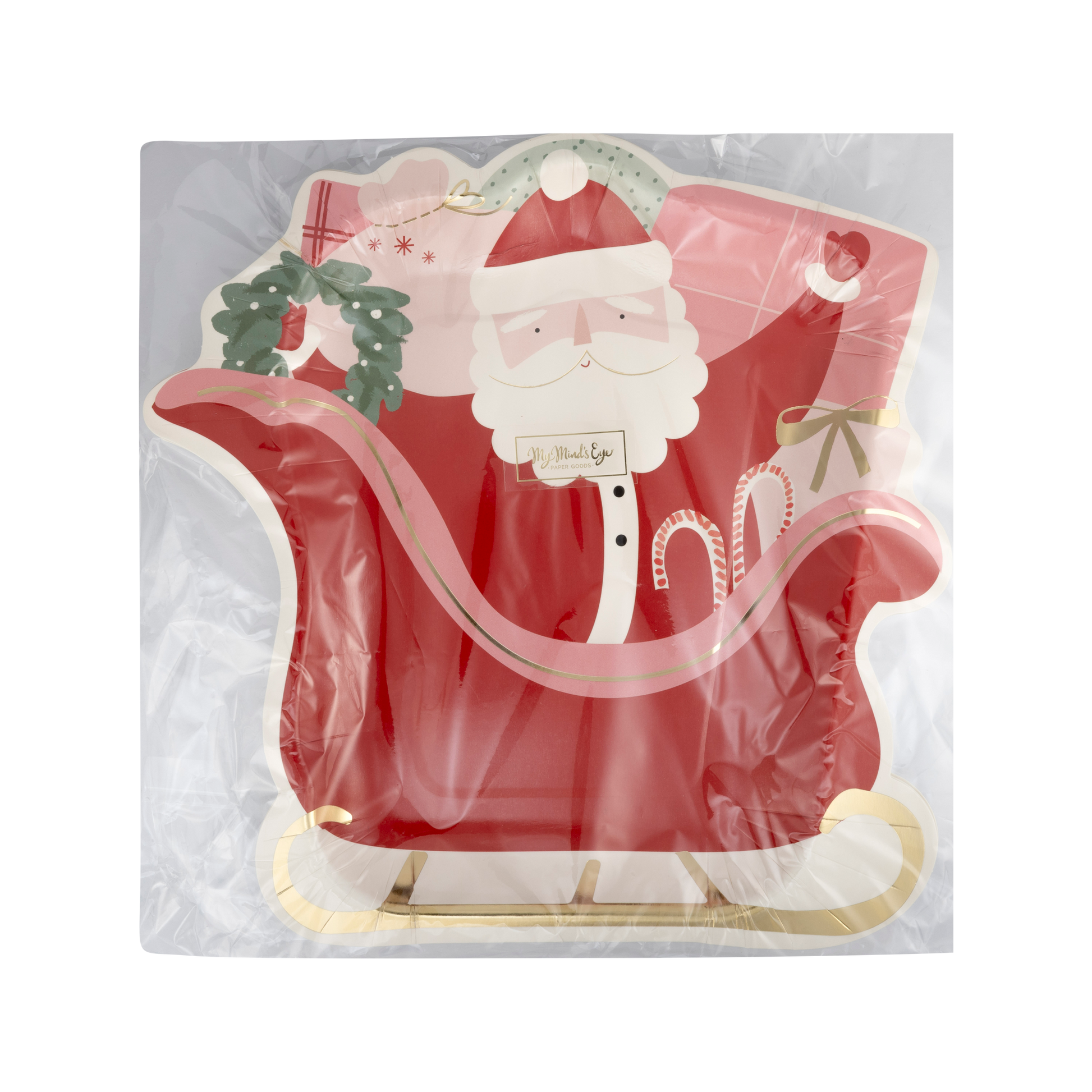 A festive paper plate featuring Santa Claus in his sleigh, perfect for holiday gatherings and celebrations.