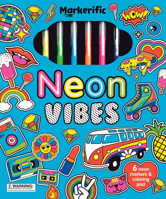 “Markerific: Neon Vibes” 🩷💚💛 Coloring Book by: Folders; 48 pages / English