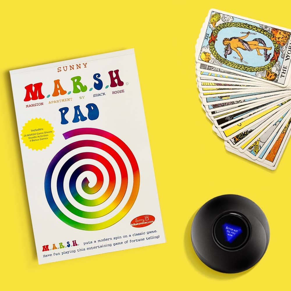 M.A.R.S.H. fortune-telling game, 24 sheets, creative doodles, ages 7+, ideal for camps and parties