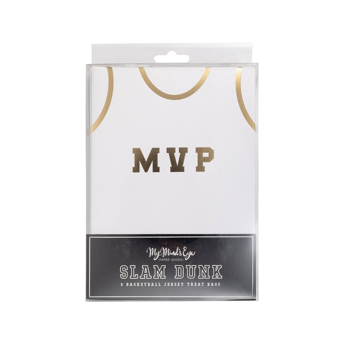 Basketball treat bags set, including 8 jersey-style bags measuring 5" x 8" x 2.5". Features gold number stickers and twine for a fun party accessory. Perfect for kids' basketball-themed parties, ensuring a slam dunk with kids and parents alike.