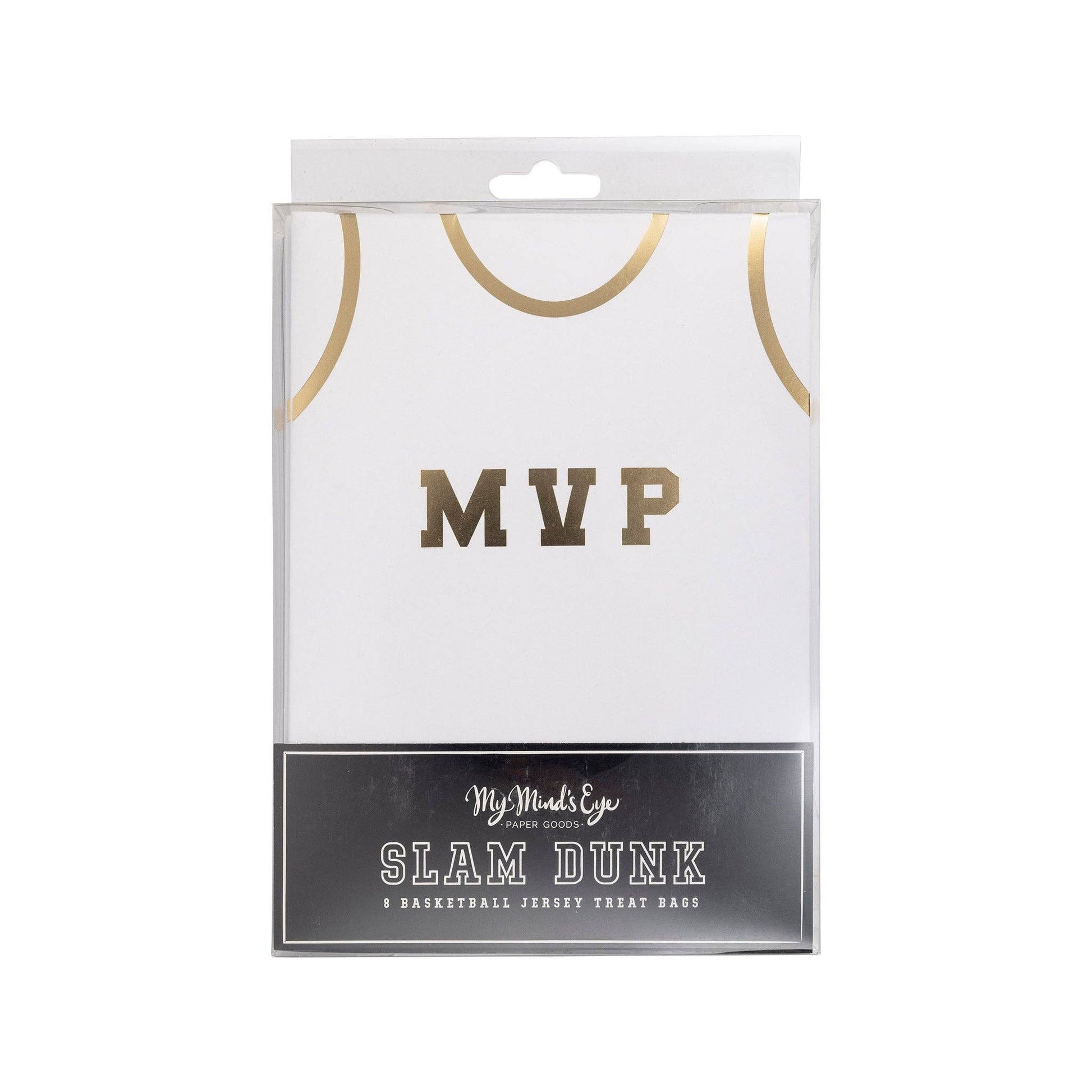 Basketball treat bags set, including 8 jersey-style bags measuring 5" x 8" x 2.5". Features gold number stickers and twine for a fun party accessory. Perfect for kids' basketball-themed parties, ensuring a slam dunk with kids and parents alike.