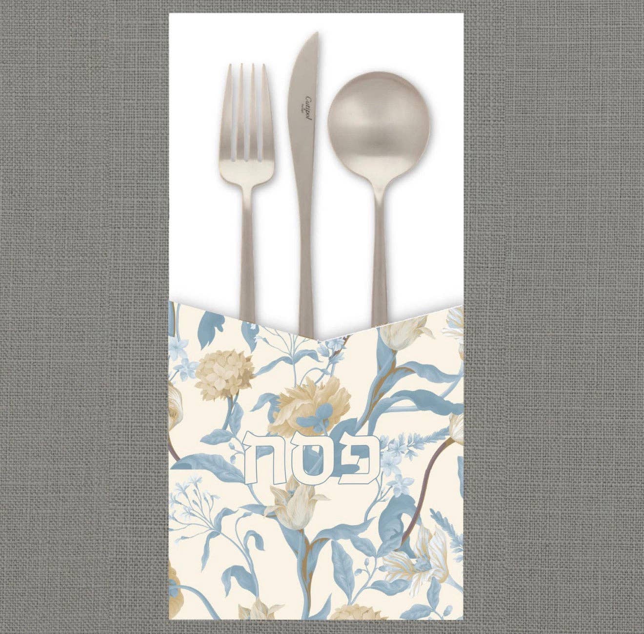 Table décor utensil pouch in dusty blue floral pattern