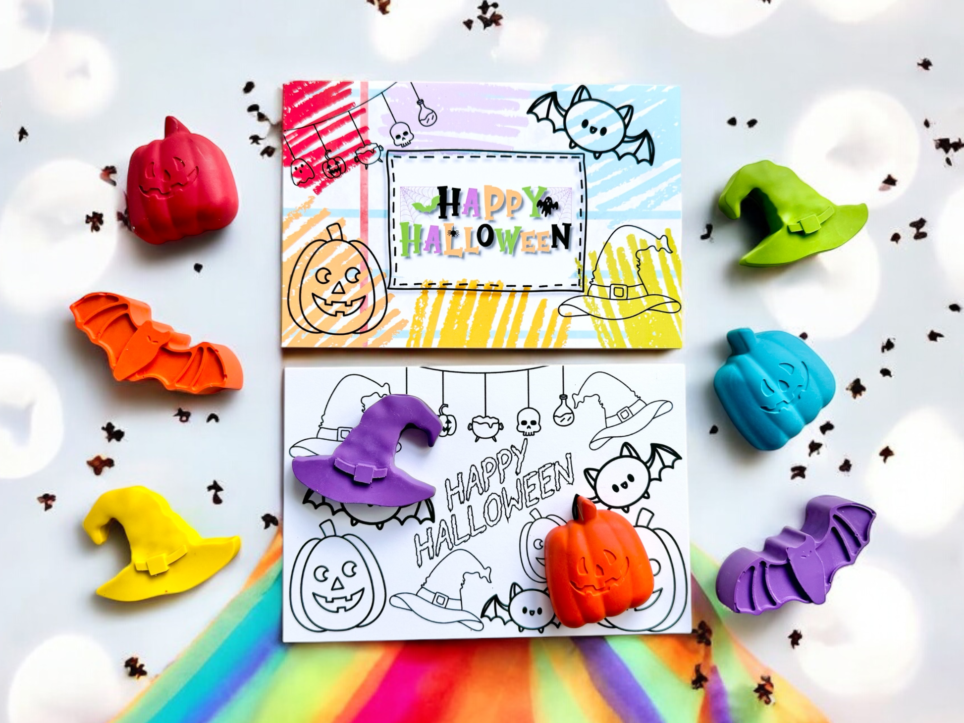 Halloween Crayon Party Favor Pack with 100% Non-Toxic Themed Shaped Crayons, Includes 'Happy Halloween' Card and Themed Coloring Card, Perfect for Trick or Treaters and Class Gifts.