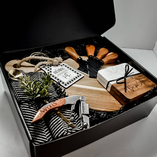 Luxury acacia wood gift box with engraved cheese board