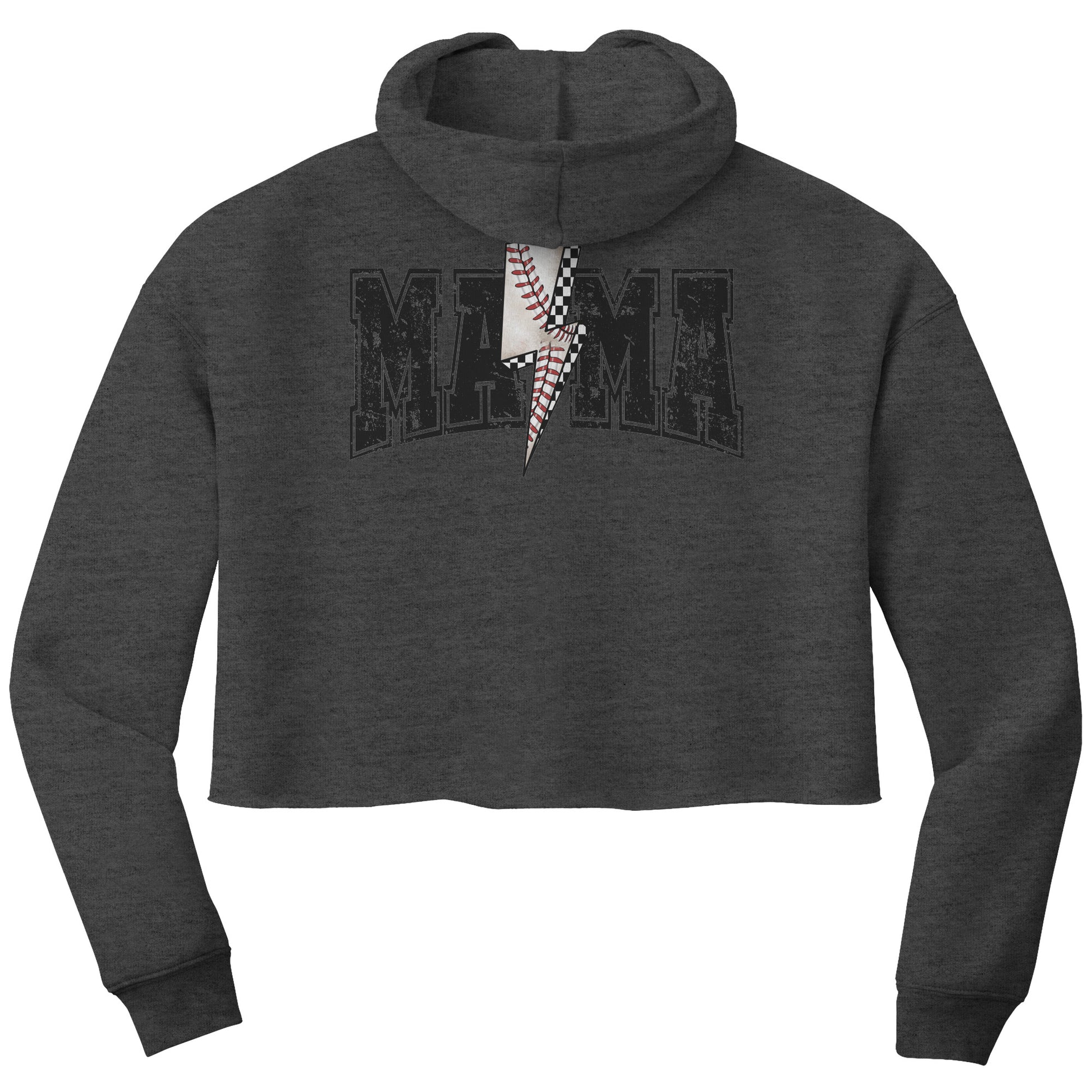 Cropped sweatshirt with "Baseball Mama" text, designed for game days. Stylish and cozy, perfect for cheering on young baseball players.