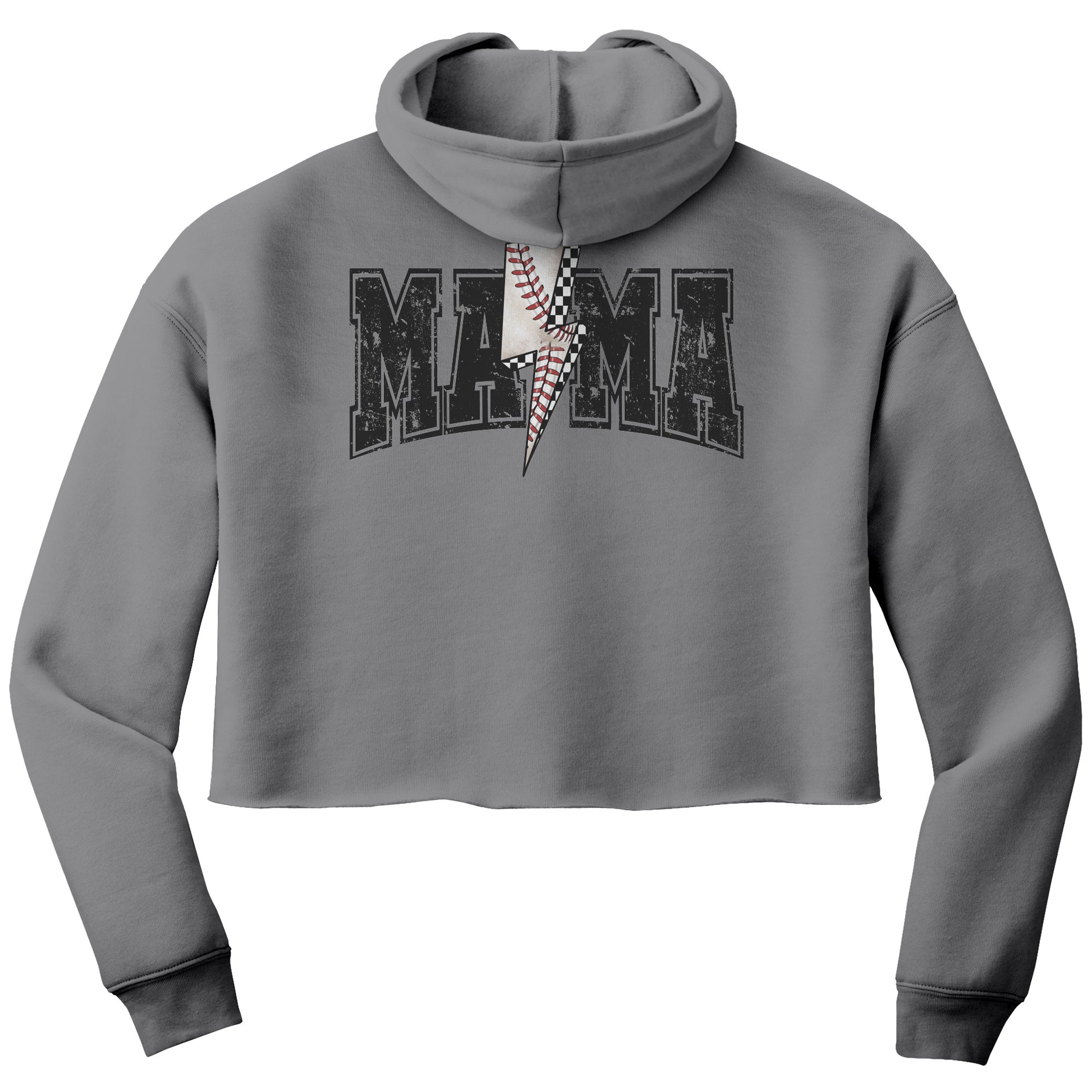 Cropped sweatshirt with "Baseball Mama" text, designed for game days. Stylish and cozy, perfect for cheering on young baseball players.
