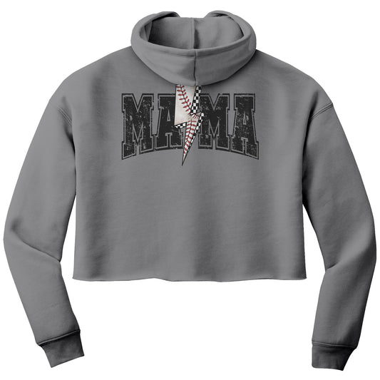 Cropped sweatshirt with "Baseball Mama" text, designed for game days. Stylish and cozy, perfect for cheering on young baseball players.
