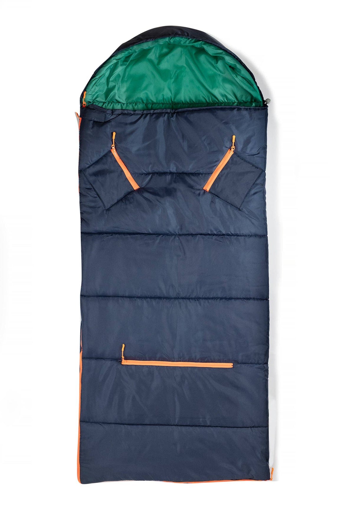 "Pack & Snooze" 🎒 Mimish Sleep-N-Pack Packable Sleeping Bag — Navy/Green (Big Kid 7–12+)