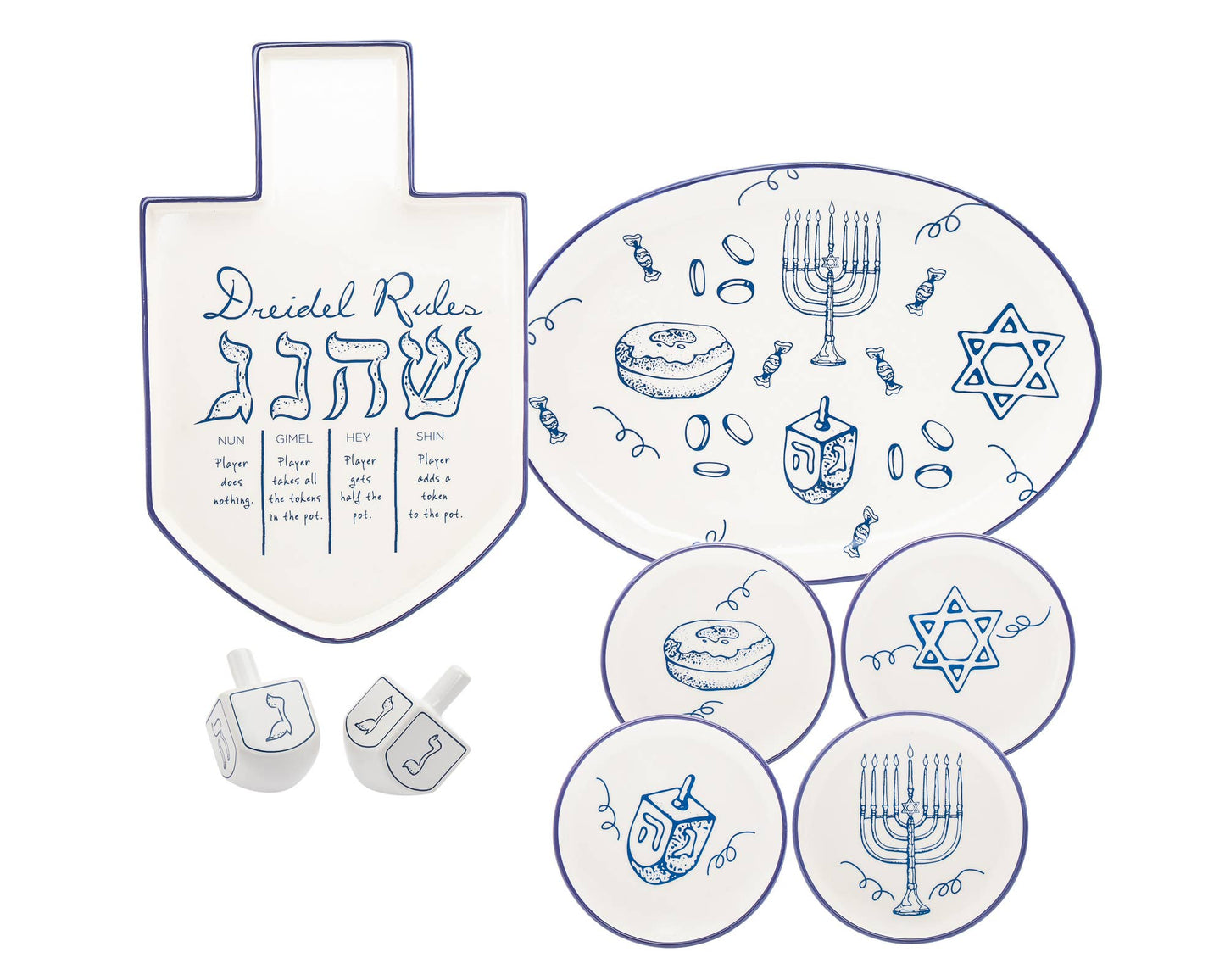 Whimsical Salt and Pepper Dreidel Box designed for Hanukkah celebrations. Features two compartments for seasoning storage in a dreidel shape. A playful, functional addition to your table. Dimensions: 2.17" diameter x 3.78" height.