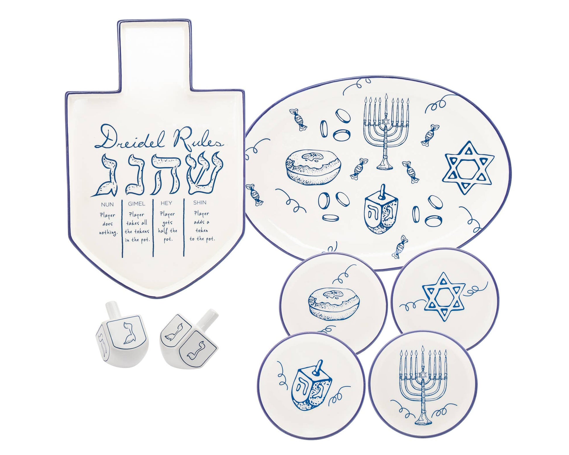 Whimsical Salt and Pepper Dreidel Box designed for Hanukkah celebrations. Features two compartments for seasoning storage in a dreidel shape. A playful, functional addition to your table. Dimensions: 2.17" diameter x 3.78" height.