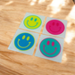 Smiley face coasters 4” set of 4, bright & fun glass drink coasters for happy vibes.