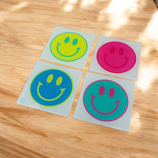 Smiley face coasters 4” set of 4, bright & fun glass drink coasters for happy vibes.