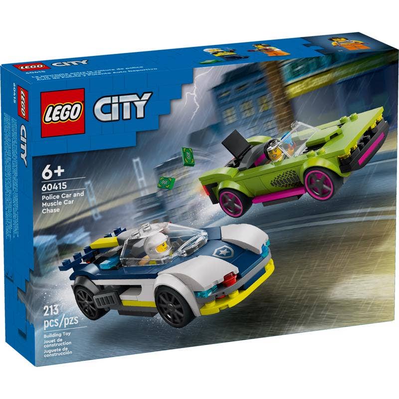 Police pursuit building set with police cruiser and muscle car