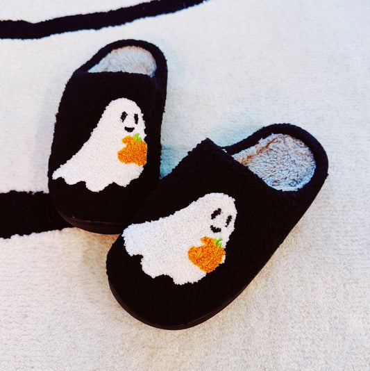 "Ghost Mode" 👻 Spooky Ghost Cozy Slippers with Pumpkin Embroidery by Ellison+Young