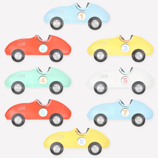 Race car paper plates, pack of 8 in 5 colors, silver foil, 15.5 x 6.25 inches, die cut