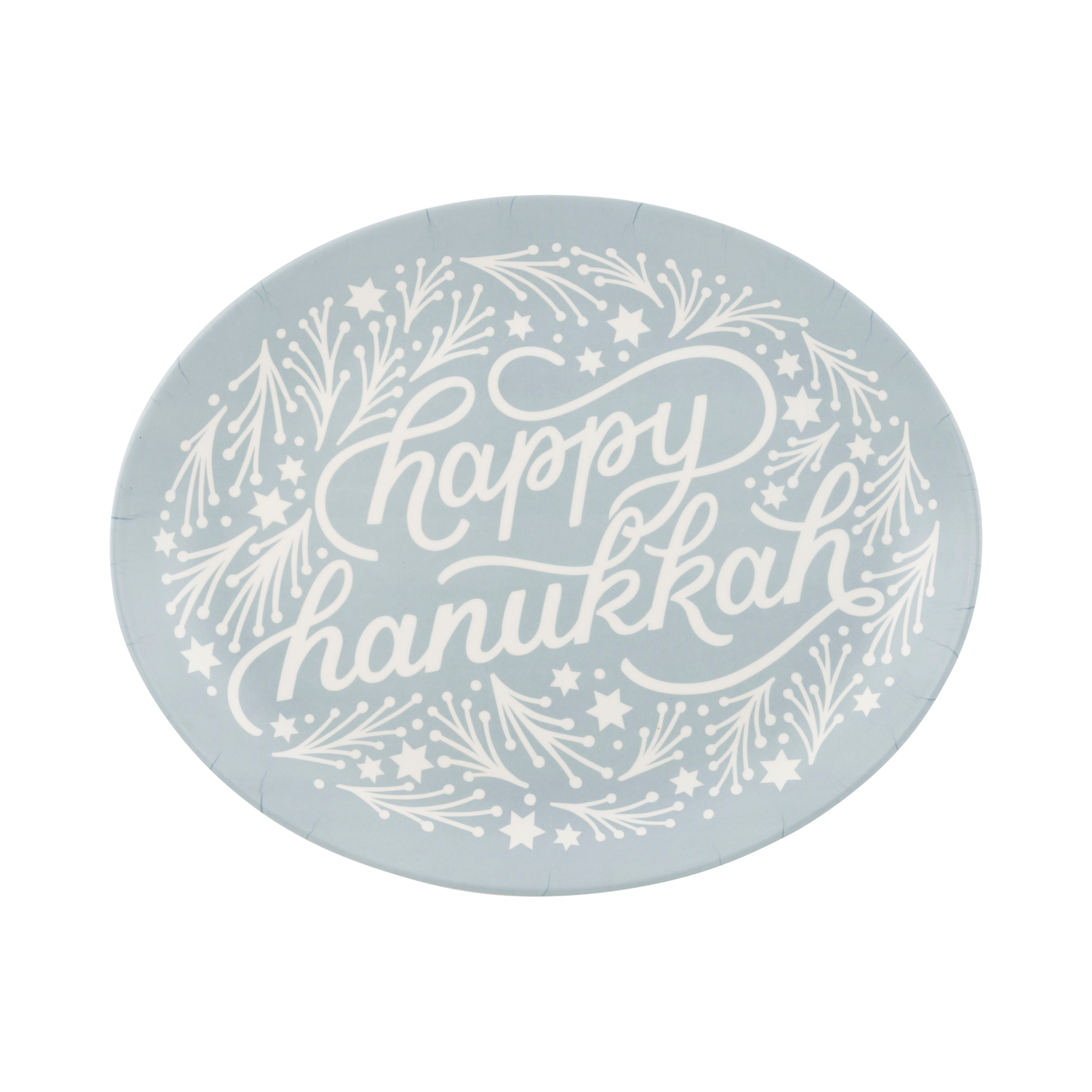 Happy Hanukkah Tray made from eco-friendly bamboo, featuring a 12" x 15" oval design. Food-safe, dishwasher-safe, and sustainable, this tray is perfect for Hanukkah celebrations. The tray combines festive Hanukkah spirit with functionality for holiday gatherings. Do not microwave.