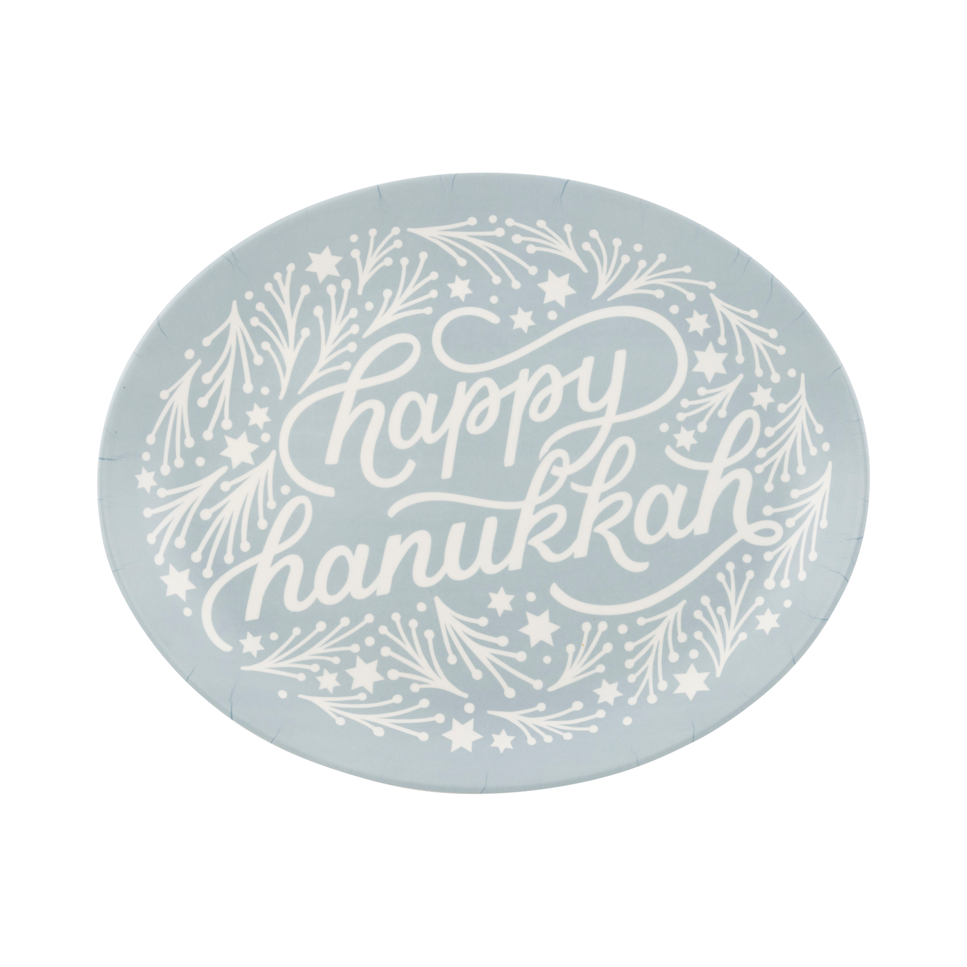 Happy Hanukkah Tray made from eco-friendly bamboo, featuring a 12" x 15" oval design. Food-safe, dishwasher-safe, and sustainable, this tray is perfect for Hanukkah celebrations. The tray combines festive Hanukkah spirit with functionality for holiday gatherings. Do not microwave.