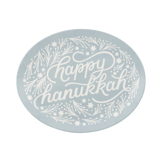 Happy Hanukkah Tray made from eco-friendly bamboo, featuring a 12" x 15" oval design. Food-safe, dishwasher-safe, and sustainable, this tray is perfect for Hanukkah celebrations. The tray combines festive Hanukkah spirit with functionality for holiday gatherings. Do not microwave.