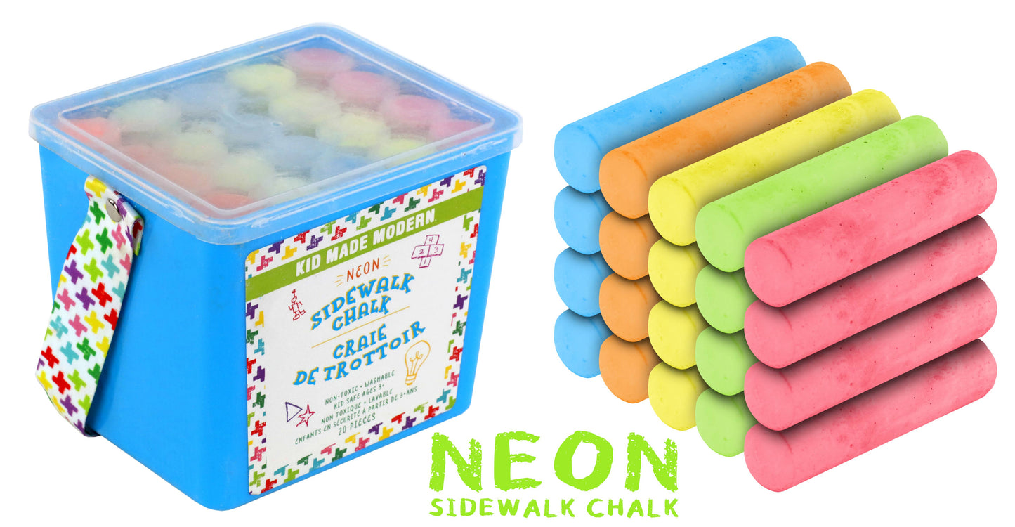 20-piece neon chalk set in bucket with bright colors yellow, pink, blue, green, and orange