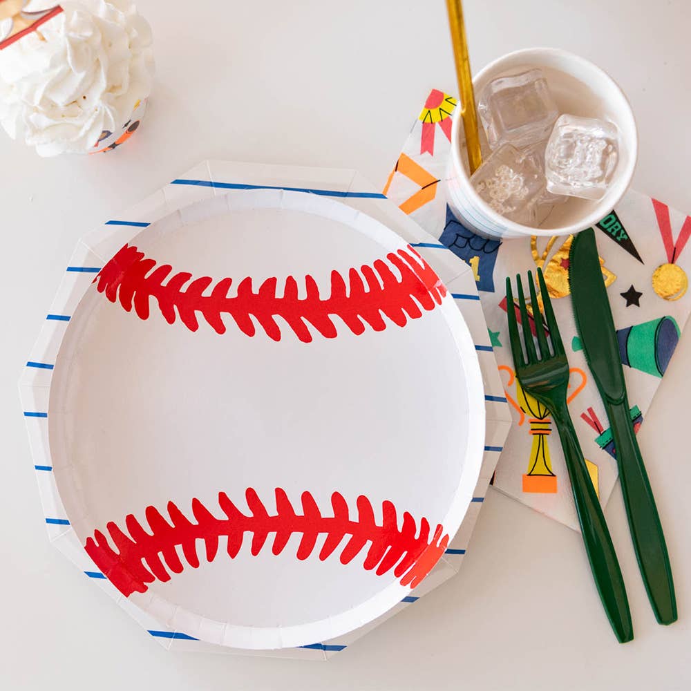 Red and white baseball party plates, 8-inch size, pack of 8
