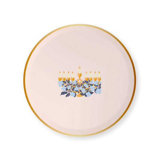 Set of 8 round paper plates featuring a gold foil Happy Hanukkah menorah design. Perfect for serving cake or snacks at Hanukkah celebrations. Eco-friendly, FSC-certified paper. 8 inches in diameter, not microwave-safe. Designed in America by Bonjour Fête with a French-inspired touch.