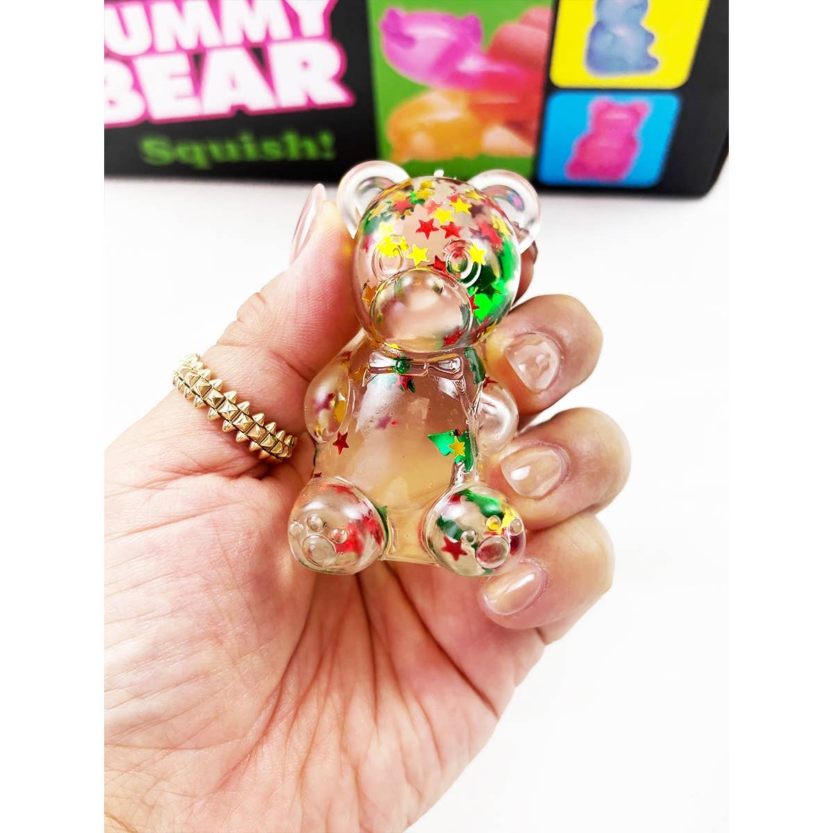 "Clear Conscience" 🐻 Clear Glitter Gummy Bear Squishy Toy with Star Confetti by Love and Repeat