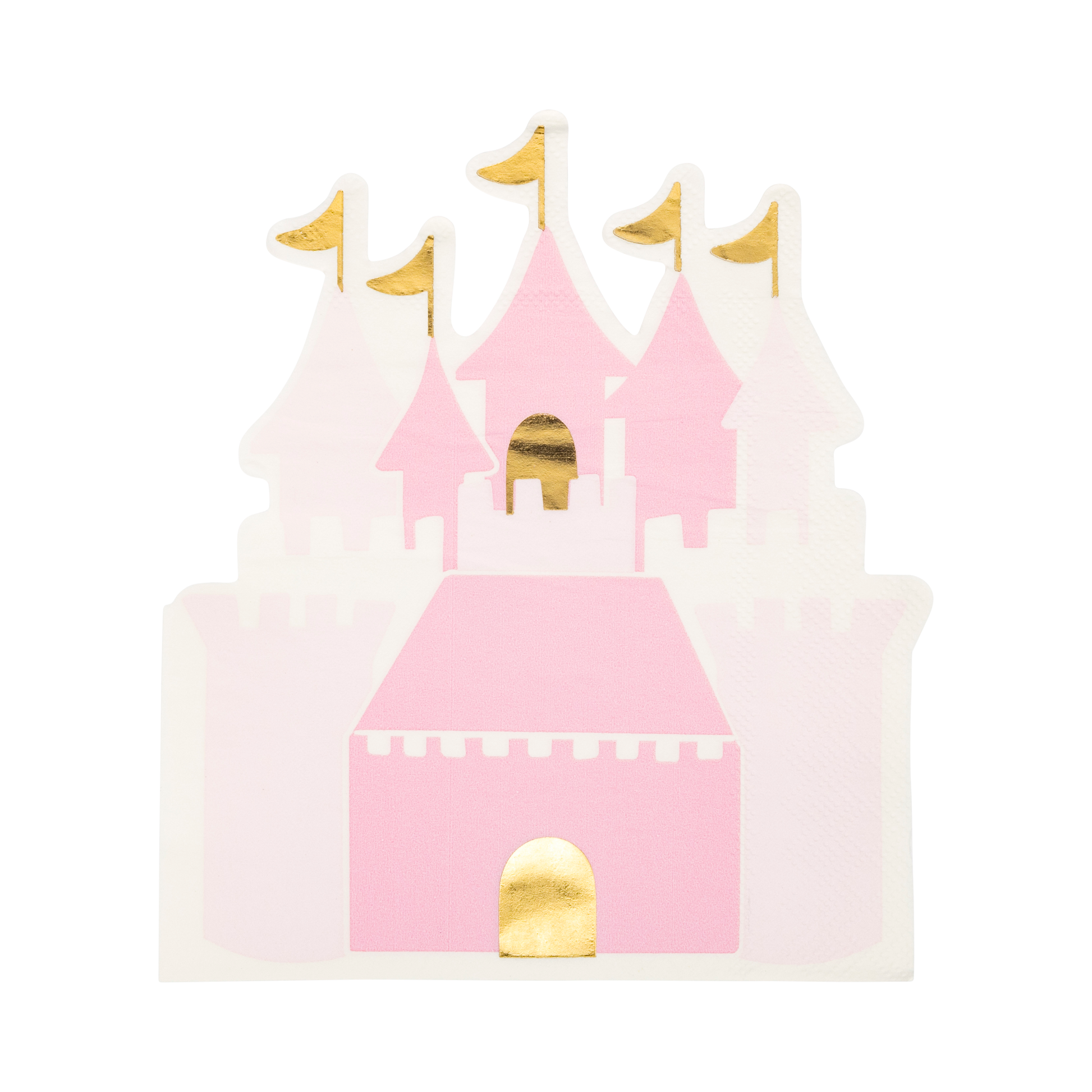 Princess castle-shaped guest napkins, measuring 6" x 7", featuring gold foil accents. Perfect for adding elegance and fun to any royal-themed event or party.