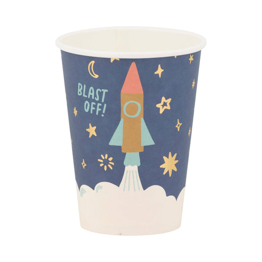 Space paper party cups, 12 oz with gold foil design, perfect for cosmic celebrations