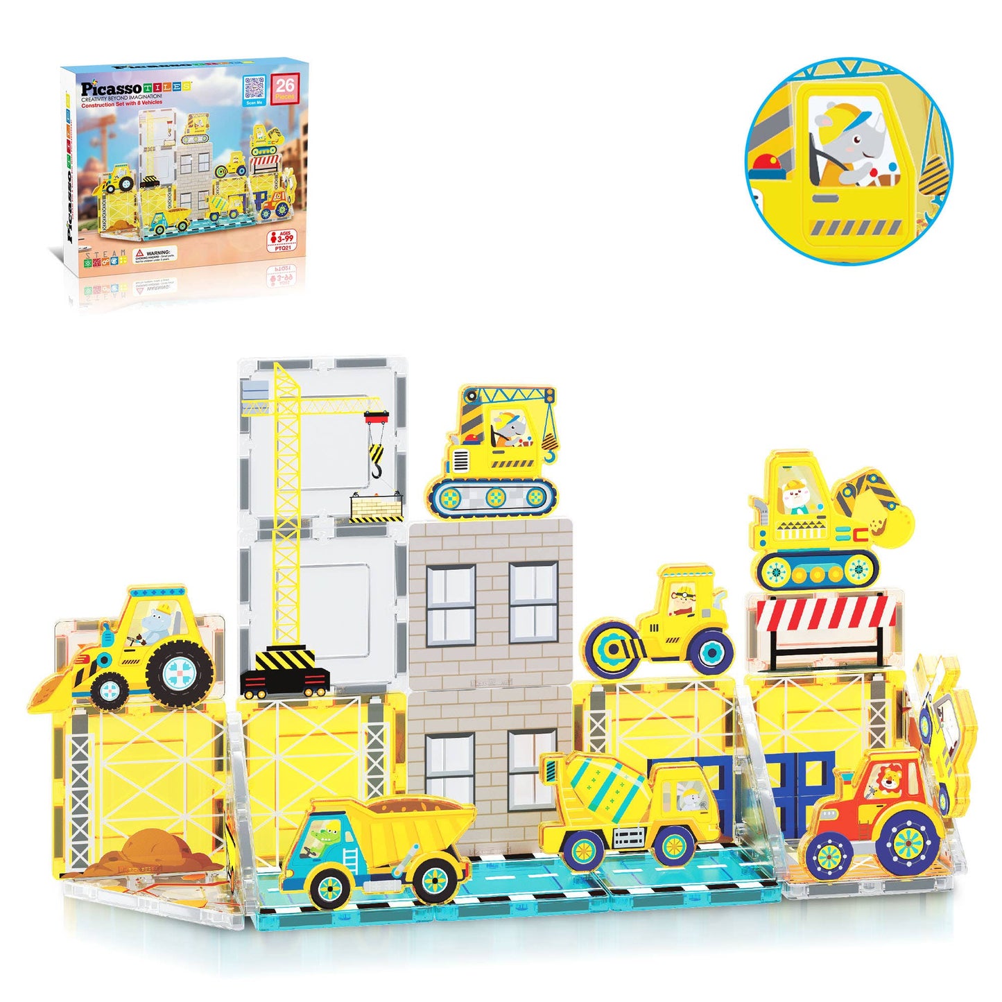 PicassoTiles Build & Vroom 18-piece construction magnet tile set