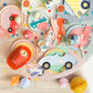 Die-cut race car plates with silver foil, 8-pack in red, white, yellow, blue, mint colors