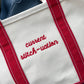 Monogrammed canvas boat tote, zippered top, exterior pocket, ideal for beach or pool days
