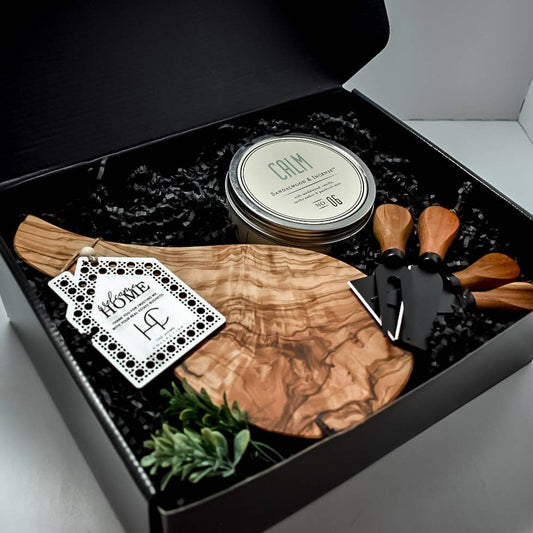 Relaxation gift box with engraved olive wood cheese board