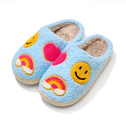 “Happy Feet Club” 😊🌈 Cozy Blue Smiley Rainbow Slippers by Malibu Sugar
