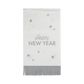 Happy New Year fringed dinner napkins featuring a playful design with silver foil accents, perfect for festive celebrations and easy cleanup. Each napkin measures 3.75" x 7.5" and comes in a pack of 24.