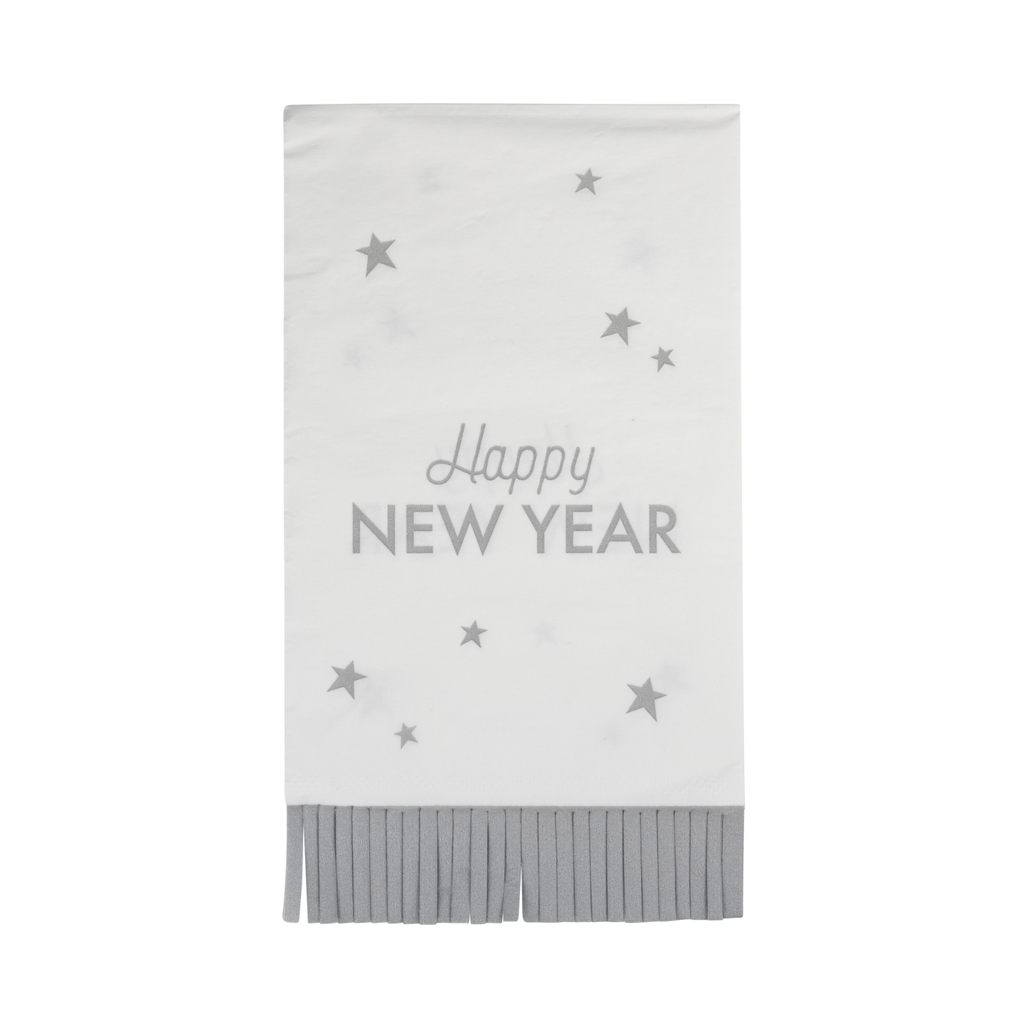 Happy New Year fringed dinner napkins featuring a playful design with silver foil accents, perfect for festive celebrations and easy cleanup. Each napkin measures 3.75" x 7.5" and comes in a pack of 24.