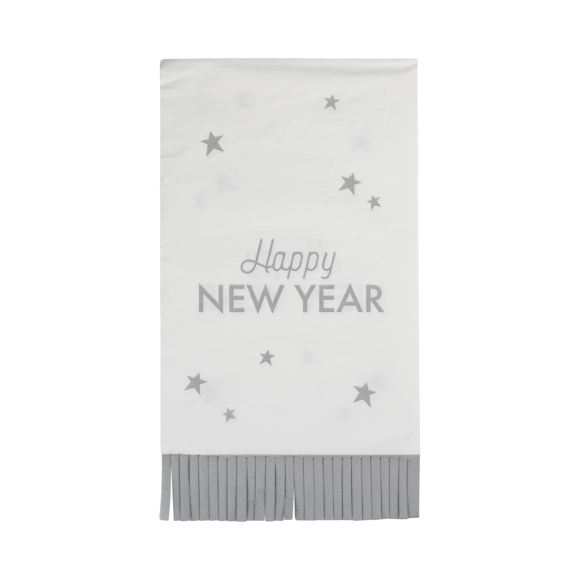 Happy New Year fringed dinner napkins featuring a playful design with silver foil accents, perfect for festive celebrations and easy cleanup. Each napkin measures 3.75" x 7.5" and comes in a pack of 24.