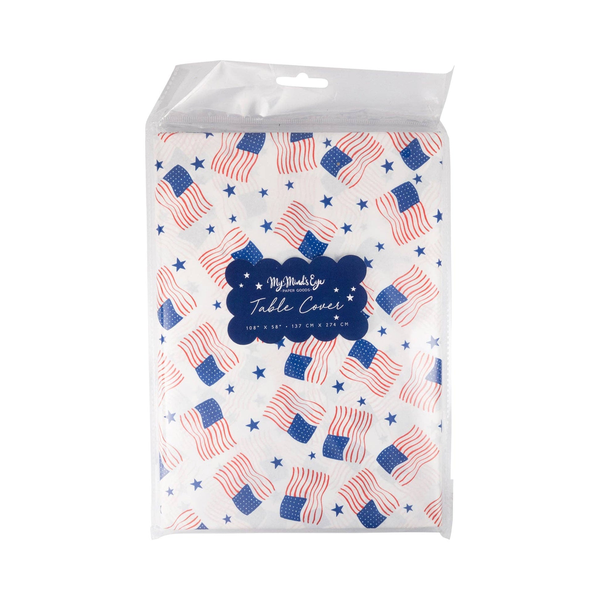 Patriotic table cover – scattered American flags design for Fourth of July and Memorial Day.