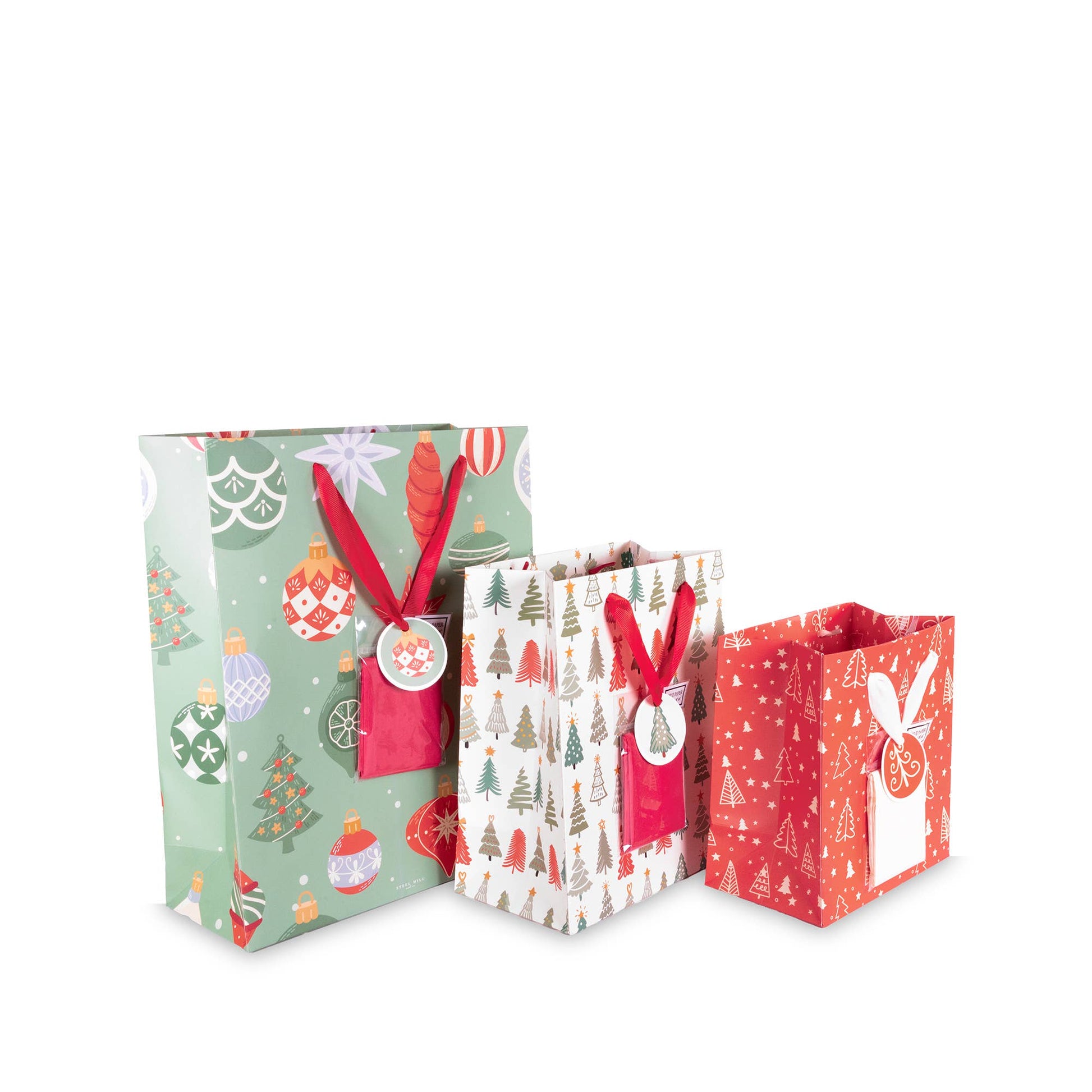 Steel Mill and Co. gift bag set with ornaments and trees, stylish and affordable for special gifting"
