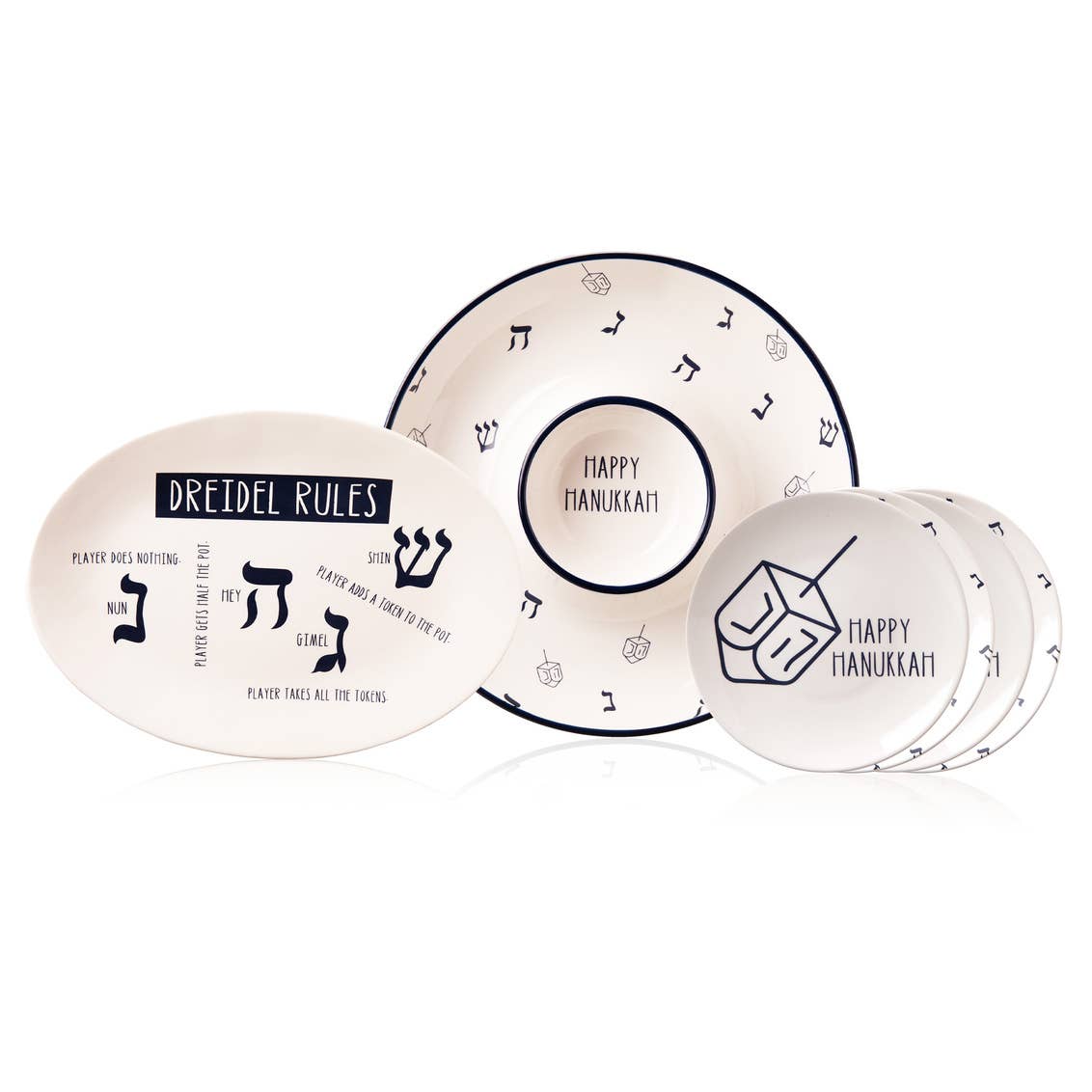 Elegant Hanukkah Serving Tray, crafted from porcelain with menorah, dreidel, and Star of David accents. Measures 14.02 x 10.16 x 1.26" H, perfect for serving latkes, sufganiyot, and appetizers. Sturdy and easy to clean, ideal for holiday gatherings or as a thoughtful gift.