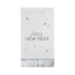 Happy New Year fringed dinner napkins featuring a playful design with silver foil accents, perfect for festive celebrations and easy cleanup. Each napkin measures 3.75" x 7.5" and comes in a pack of 24.