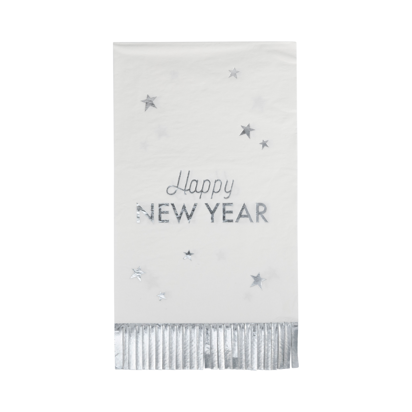 Happy New Year fringed dinner napkins featuring a playful design with silver foil accents, perfect for festive celebrations and easy cleanup. Each napkin measures 3.75" x 7.5" and comes in a pack of 24.