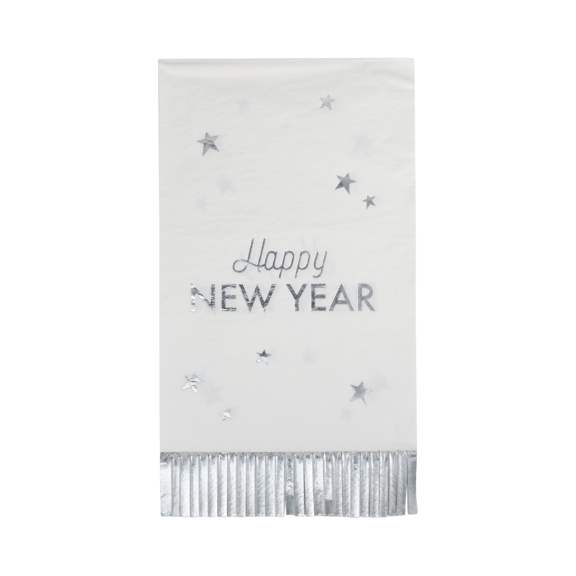 Happy New Year fringed dinner napkins featuring a playful design with silver foil accents, perfect for festive celebrations and easy cleanup. Each napkin measures 3.75" x 7.5" and comes in a pack of 24.