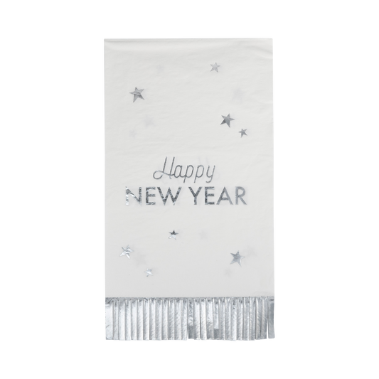 Happy New Year fringed dinner napkins featuring a playful design with silver foil accents, perfect for festive celebrations and easy cleanup. Each napkin measures 3.75" x 7.5" and comes in a pack of 24.